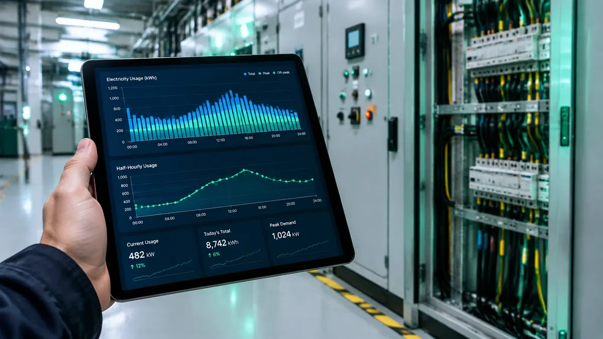 Half-hourly electricity monitoring on a tablet in a factory control room